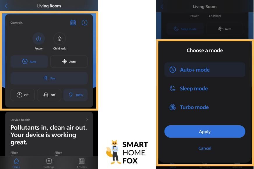 Die Steuerung des Philips Air Performers per Philips Air+ App wird übersichtlich in der Smartphone-Software im Test dargestellt.